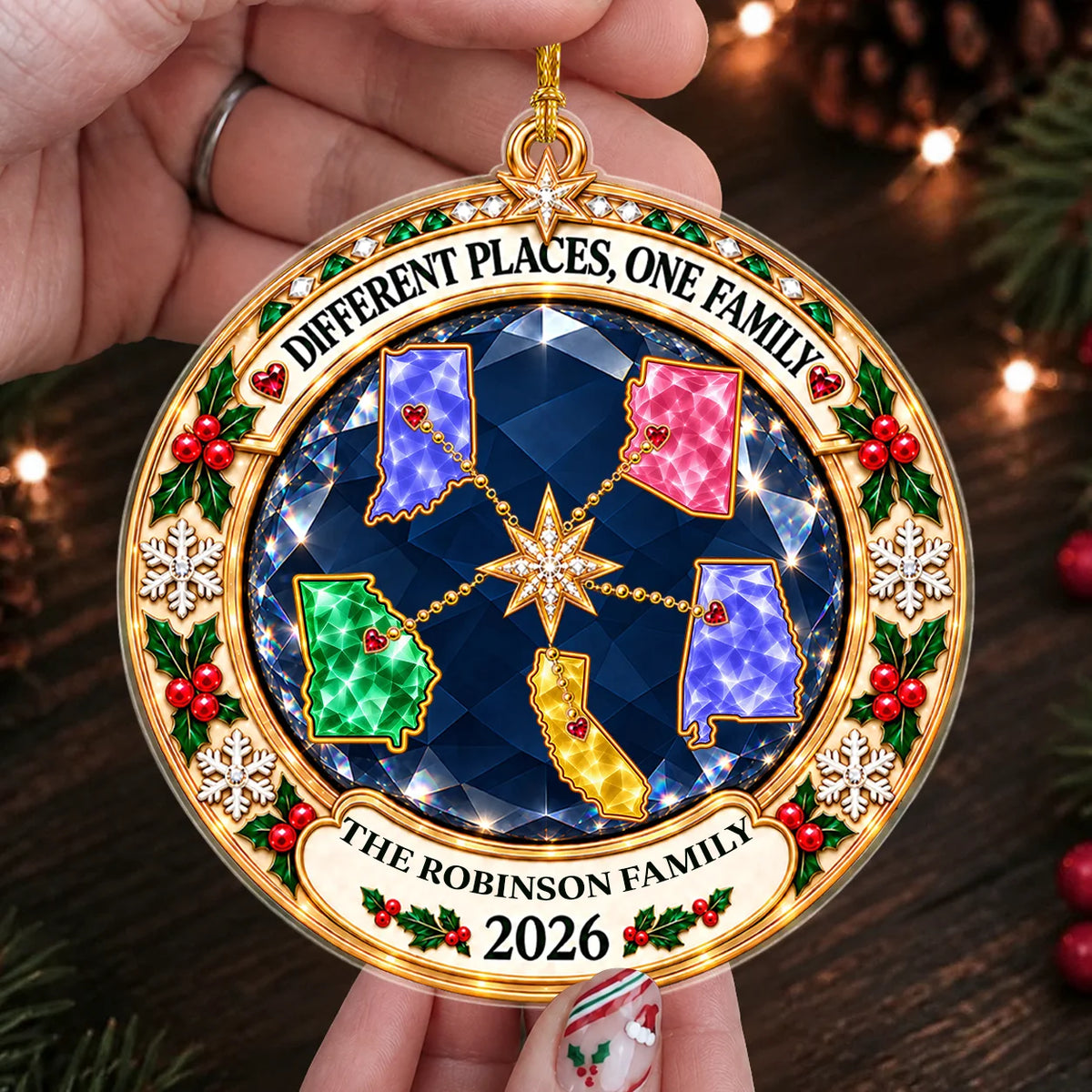 Personalized Different Places One Family Jewel-Style State Map Acrylic Christmas Ornament – Gift for Family