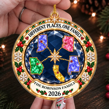 Personalized Different Places One Family Jewel-Style State Map Acrylic Christmas Ornament – Gift for Family