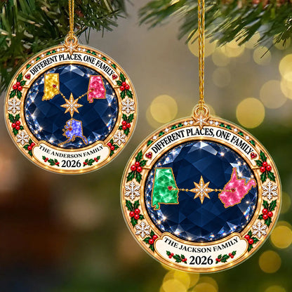 Personalized Different Places One Family Jewel-Style State Map Acrylic Christmas Ornament – Gift for Family