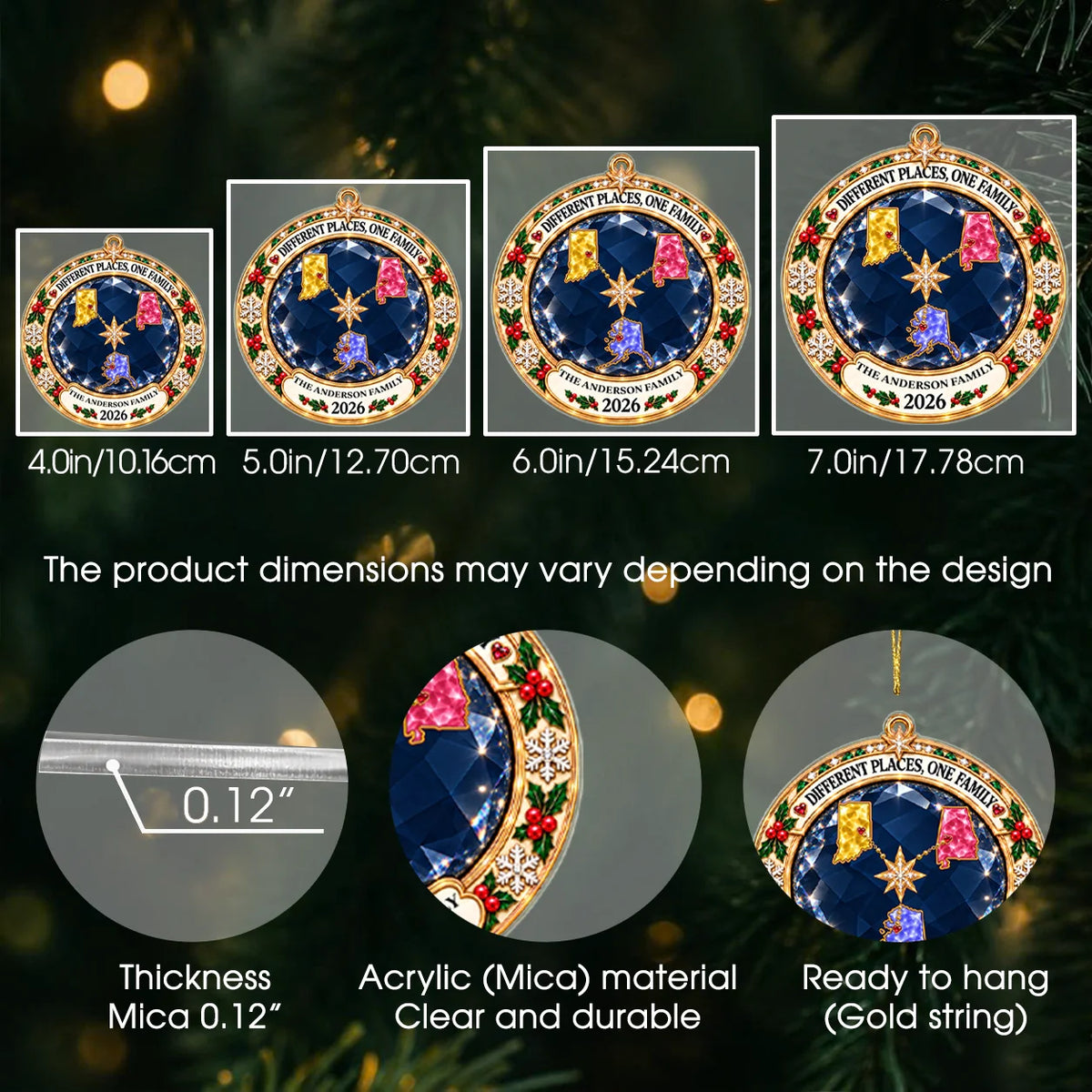 Personalized Different Places One Family Jewel-Style State Map Acrylic Christmas Ornament – Gift for Family
