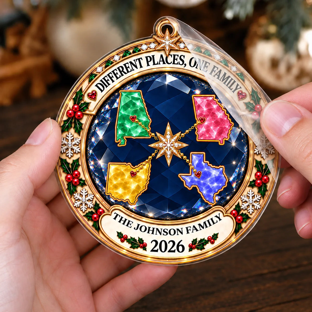 Personalized Different Places One Family Jewel-Style State Map Acrylic Christmas Ornament – Gift for Family