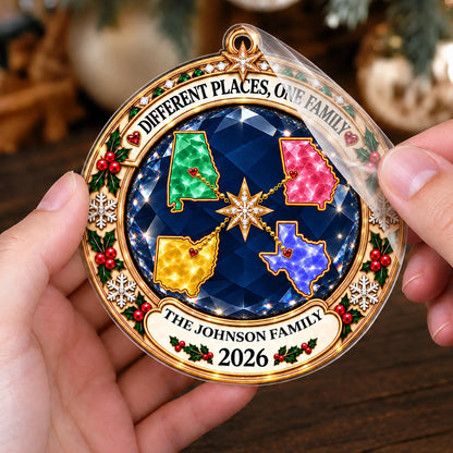 Personalized Different Places One Family Jewel-Style State Map Acrylic Christmas Ornament – Gift for Family