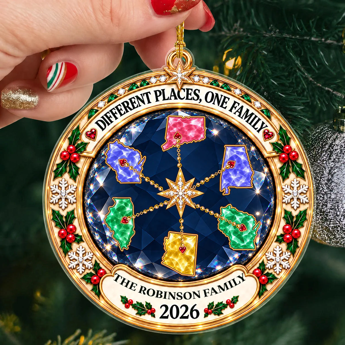 Personalized Different Places One Family Jewel-Style State Map Acrylic Christmas Ornament – Gift for Family