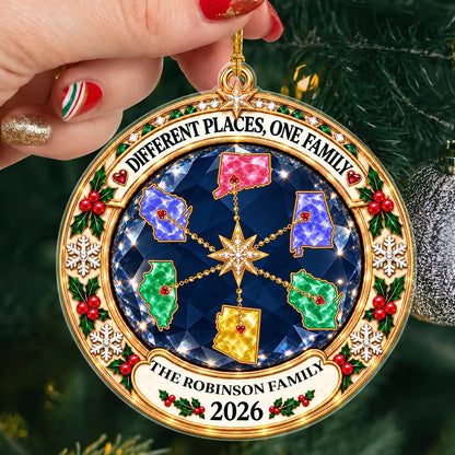 Personalized Different Places One Family Jewel-Style State Map Acrylic Christmas Ornament – Gift for Family