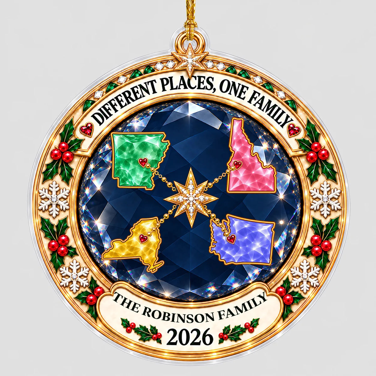 Personalized Different Places One Family Jewel-Style State Map Acrylic Christmas Ornament – Gift for Family