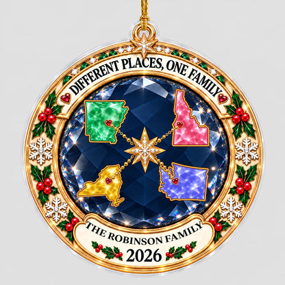 Personalized Different Places One Family Jewel-Style State Map Acrylic Christmas Ornament – Gift for Family