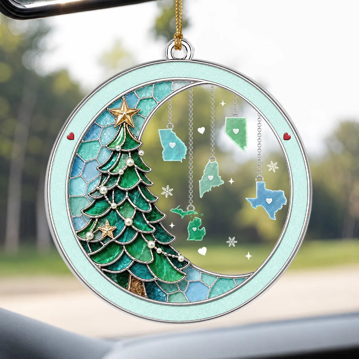 Ornement en acrylique personnalisé « L'amour familial ne connaît pas de distance », style vitrail, avec sapin de Noël et carte de l'État – Cadeau pour la famille