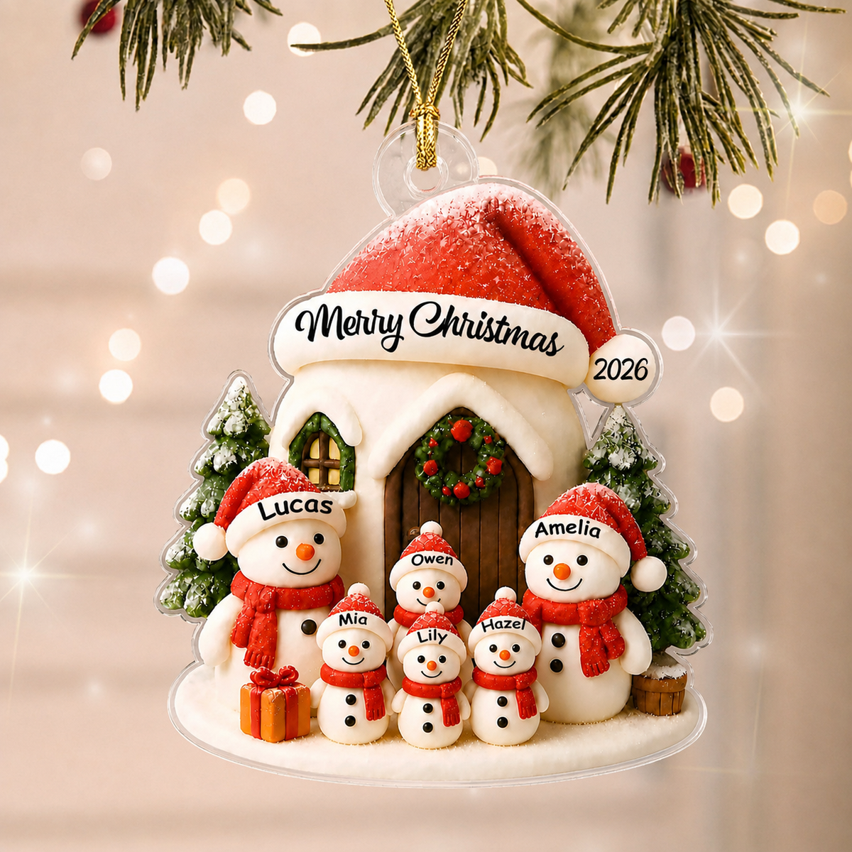 Personalized Snowman Family Christmas Acrylic Ornament – Custom Family Names Gift