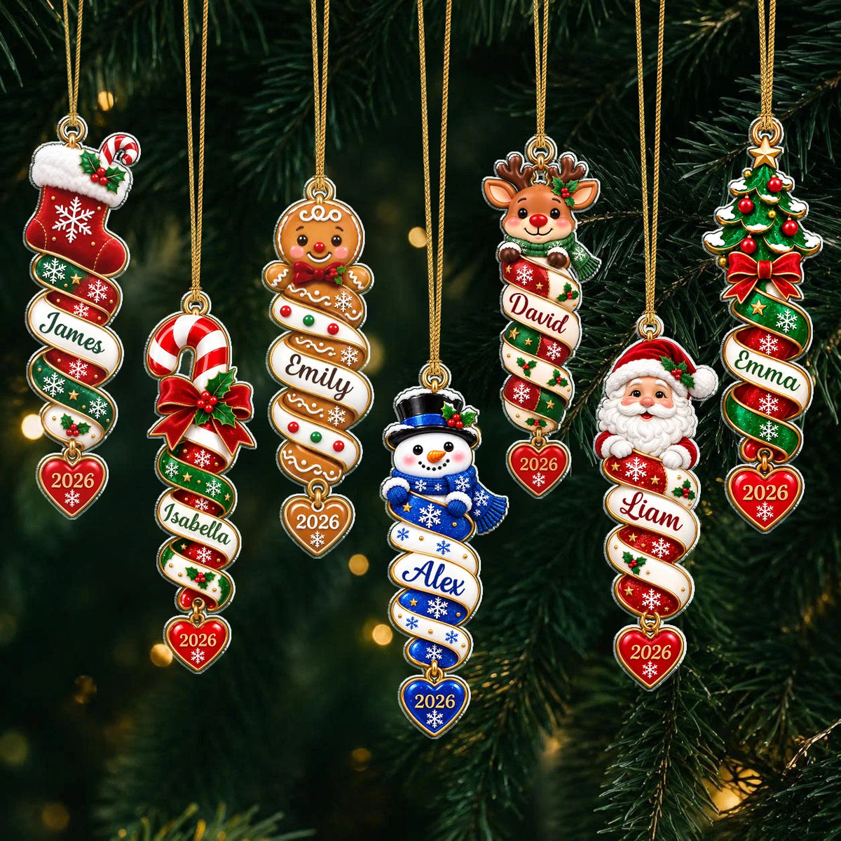 Personalized Christmas Character Spiral Ribbon Acrylic Ornament – Custom Name & Heart Year Gift for Family