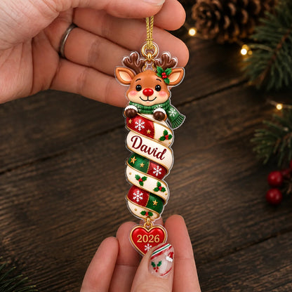 Personalized Christmas Character Spiral Ribbon Acrylic Ornament – Custom Name & Heart Year Gift for Family