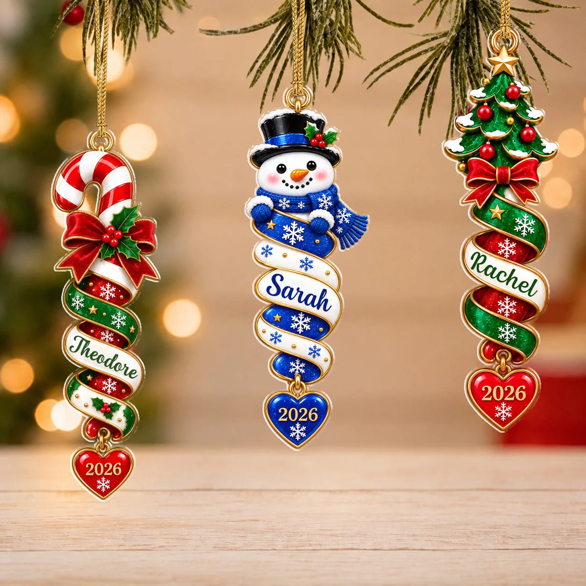 Personalized Christmas Character Spiral Ribbon Acrylic Ornament – Custom Name & Heart Year Gift for Family