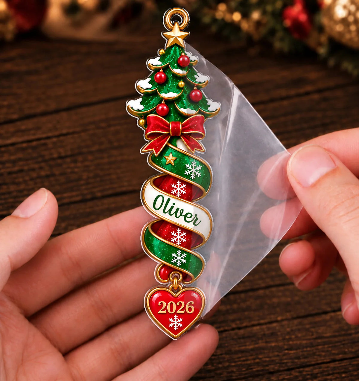 Personalized Christmas Character Spiral Ribbon Acrylic Ornament – Custom Name & Heart Year Gift for Family