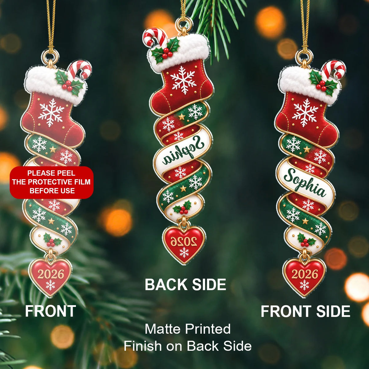 Personalized Christmas Character Spiral Ribbon Acrylic Ornament – Custom Name & Heart Year Gift for Family