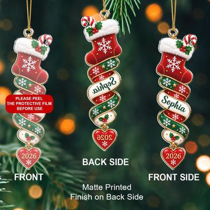 Personalized Christmas Character Spiral Ribbon Acrylic Ornament – Custom Name & Heart Year Gift for Family