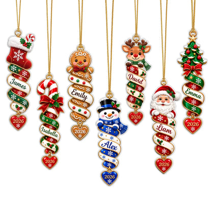 Personalized Christmas Character Spiral Ribbon Acrylic Ornament – Custom Name & Heart Year Gift for Family