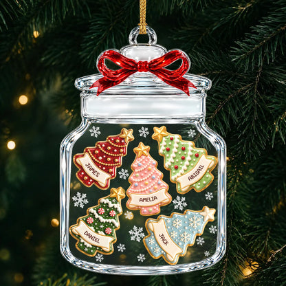Personalized Christmas Tree Cookie Jar Acrylic Ornament – Red Bow Custom Names Gift for Family