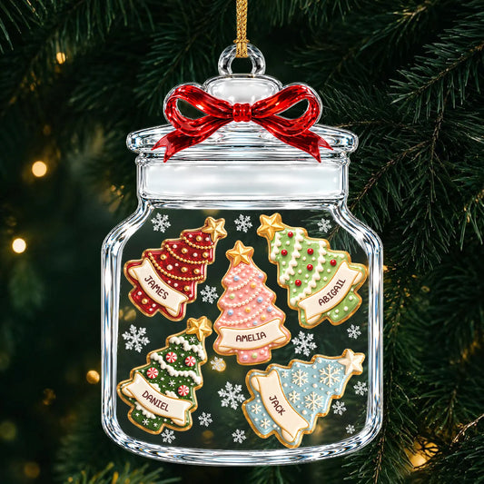 Personalisierter Acryl-Weihnachtsbaumschmuck „Keksdose“ – Rote Schleife, individuelle Namen, Geschenk für die Familie