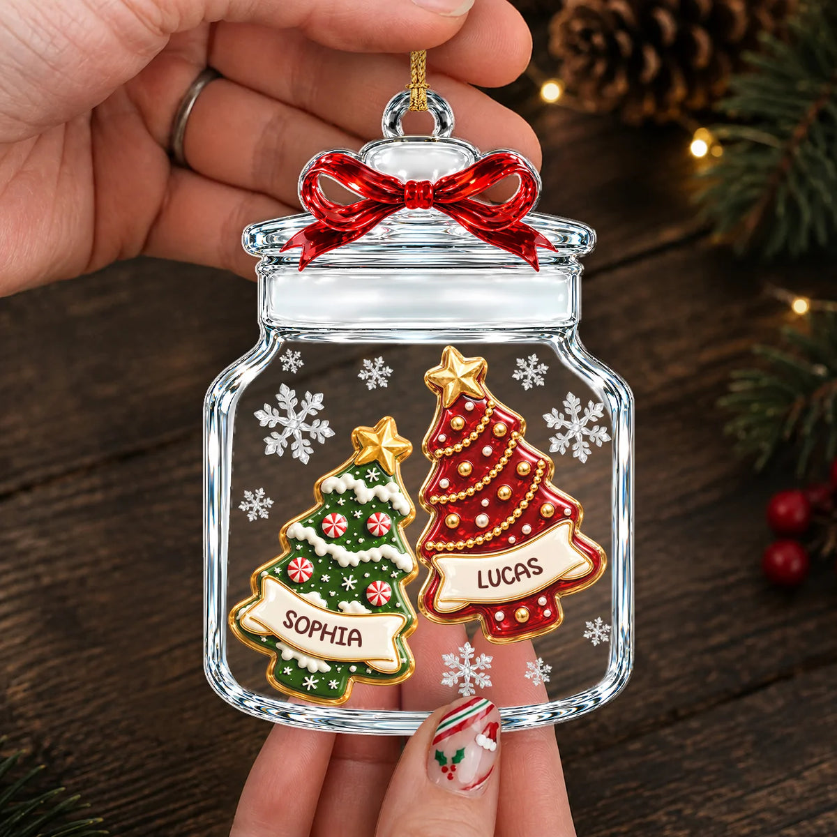 Personalized Christmas Tree Cookie Jar Acrylic Ornament – Red Bow Custom Names Gift for Family