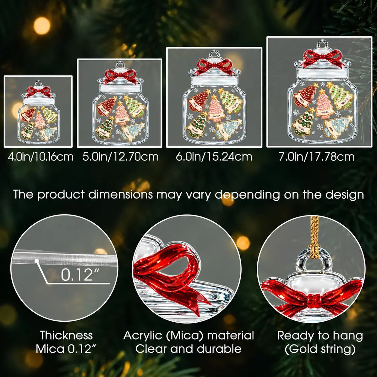 Personalized Christmas Tree Cookie Jar Acrylic Ornament – Red Bow Custom Names Gift for Family