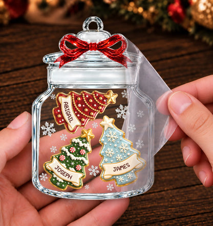 Personalized Christmas Tree Cookie Jar Acrylic Ornament – Red Bow Custom Names Gift for Family