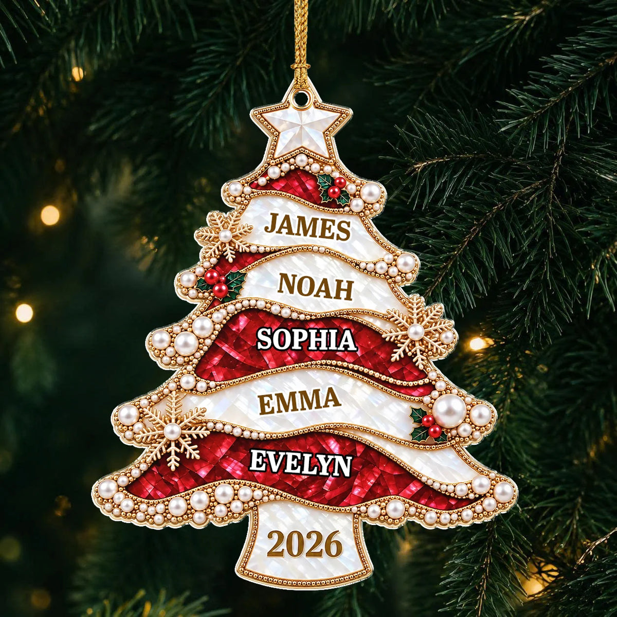 Personalized Jewel-Style Ribbon Christmas Tree Acrylic Ornament – Pearl & Gold Snowflake Custom Names Gift for Family