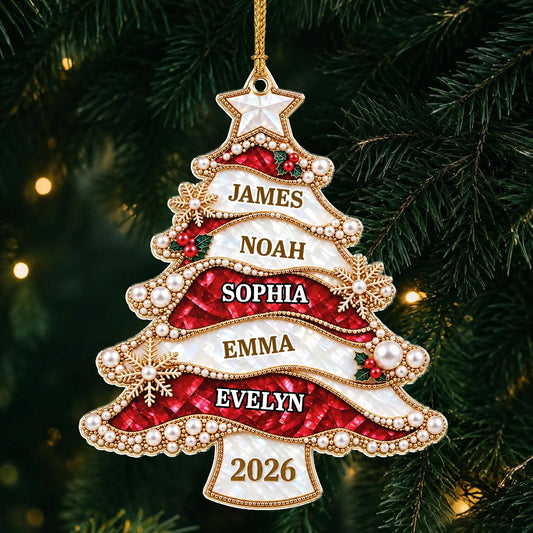 Personalisierter Acryl-Weihnachtsbaumschmuck im Juwelen-Stil mit Schleife – Perlen- & Gold-Schneeflocke mit Wunschnamen, Geschenk für die Familie