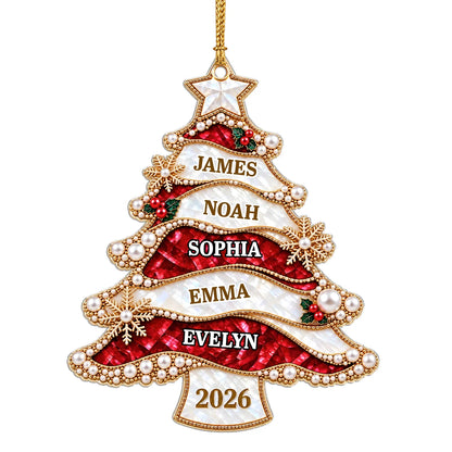 Personalized Jewel-Style Ribbon Christmas Tree Acrylic Ornament – Pearl & Gold Snowflake Custom Names Gift for Family
