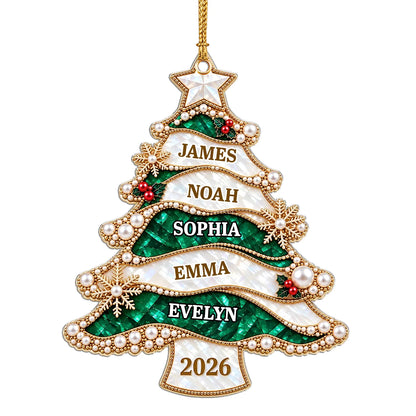 Personalized Jewel-Style Ribbon Christmas Tree Acrylic Ornament – Pearl & Gold Snowflake Custom Names Gift for Family