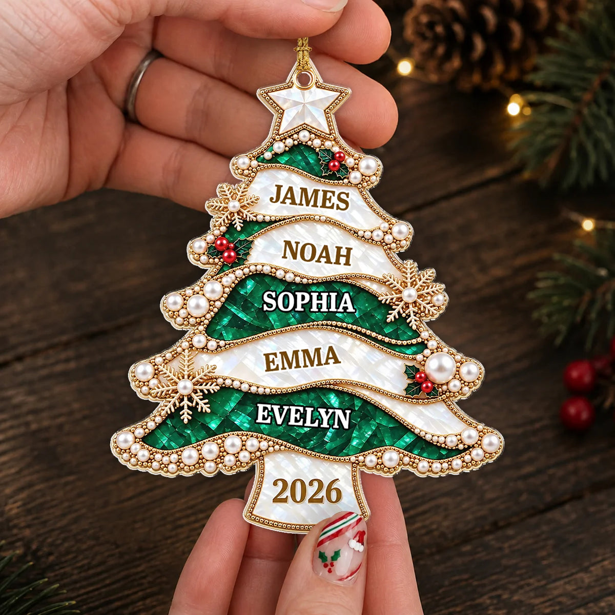 Personalized Jewel-Style Ribbon Christmas Tree Acrylic Ornament – Pearl & Gold Snowflake Custom Names Gift for Family