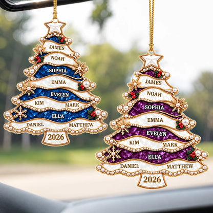 Personalized Jewel-Style Ribbon Christmas Tree Acrylic Ornament – Pearl & Gold Snowflake Custom Names Gift for Family