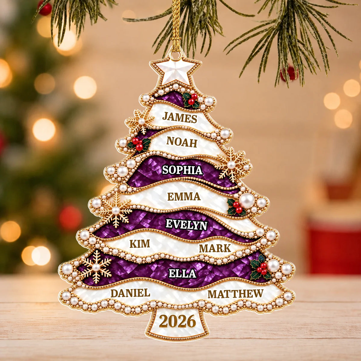 Personalized Jewel-Style Ribbon Christmas Tree Acrylic Ornament – Pearl & Gold Snowflake Custom Names Gift for Family