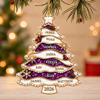 Personalized Jewel-Style Ribbon Christmas Tree Acrylic Ornament – Pearl & Gold Snowflake Custom Names Gift for Family