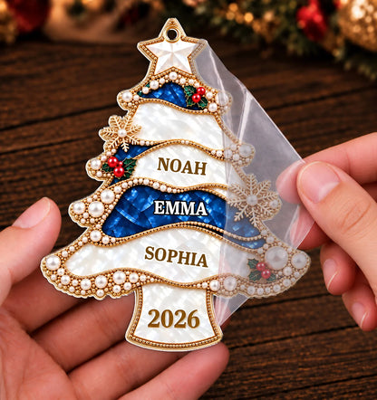 Personalized Jewel-Style Ribbon Christmas Tree Acrylic Ornament – Pearl & Gold Snowflake Custom Names Gift for Family