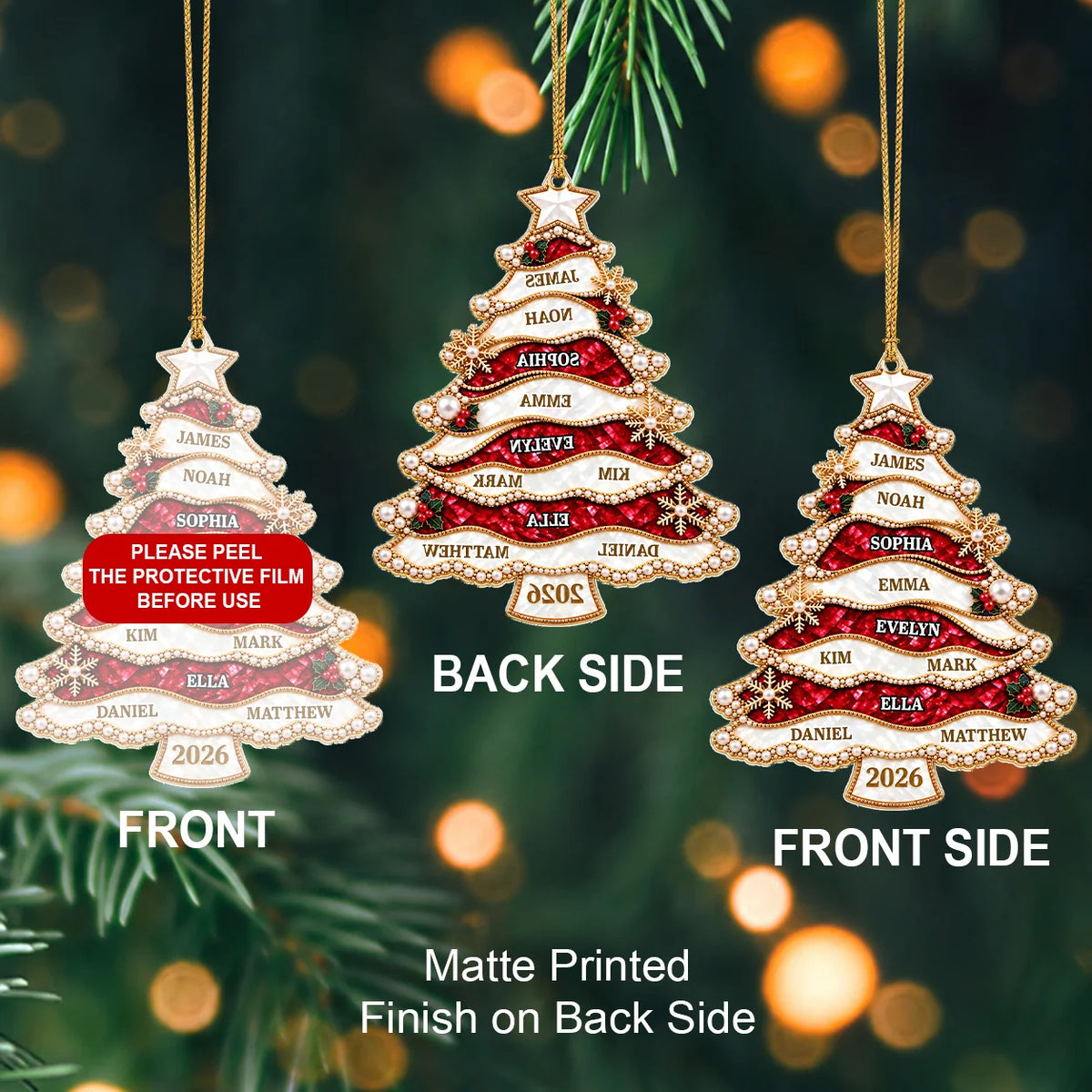 Personalized Jewel-Style Ribbon Christmas Tree Acrylic Ornament – Pearl & Gold Snowflake Custom Names Gift for Family