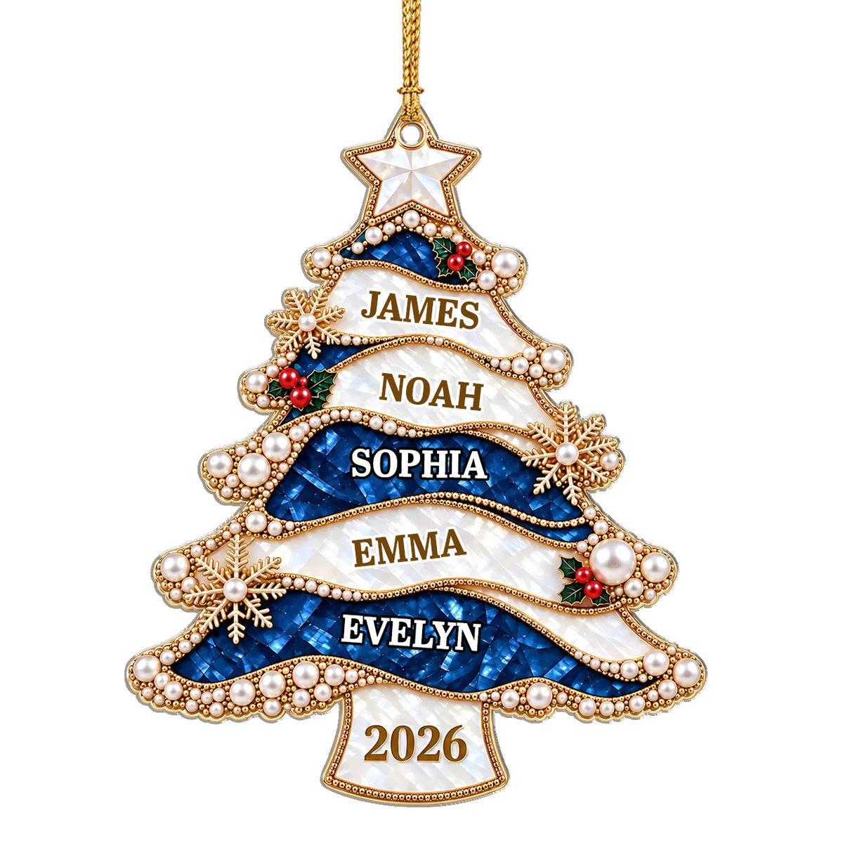 Personalized Jewel-Style Ribbon Christmas Tree Acrylic Ornament – Pearl & Gold Snowflake Custom Names Gift for Family