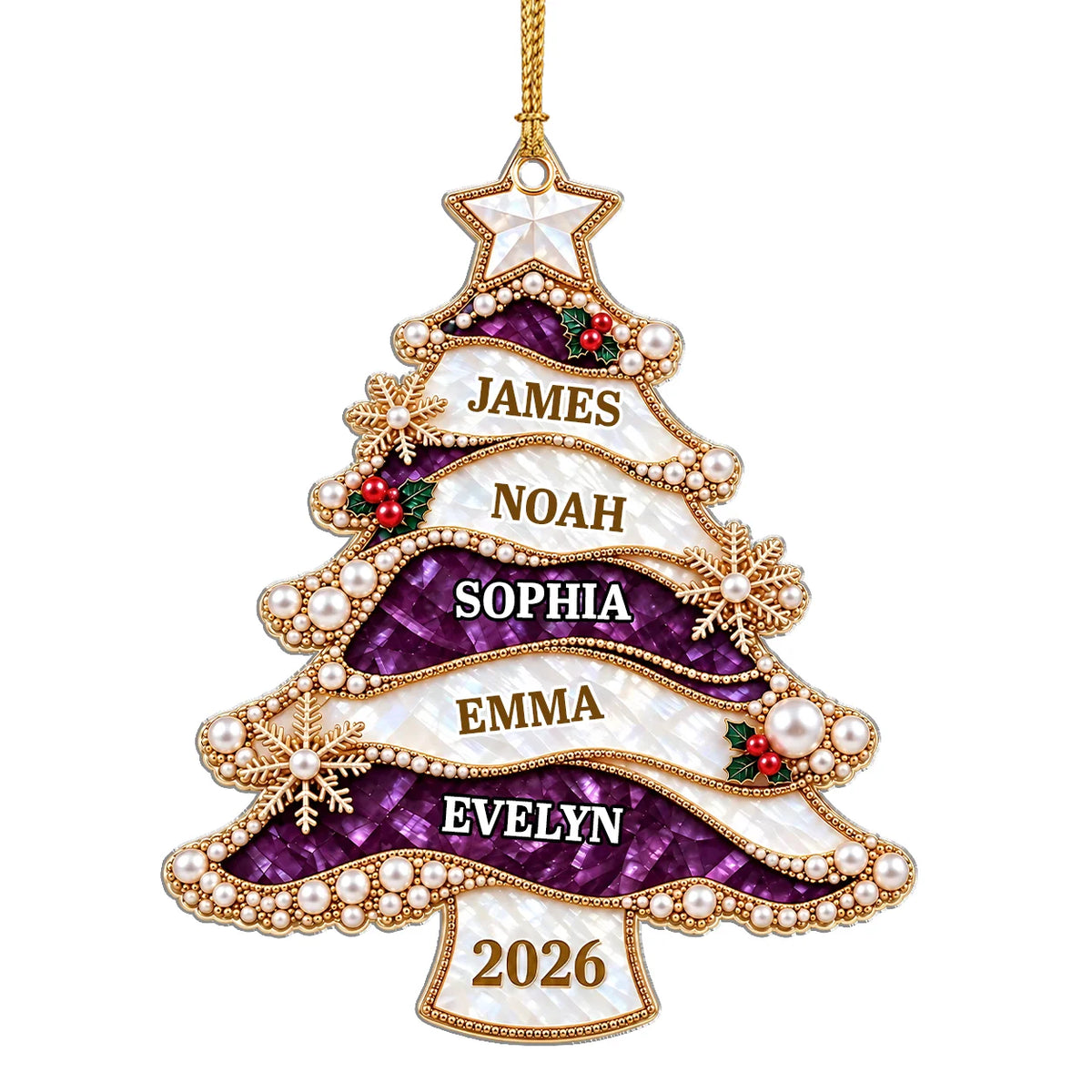 Personalized Jewel-Style Ribbon Christmas Tree Acrylic Ornament – Pearl & Gold Snowflake Custom Names Gift for Family