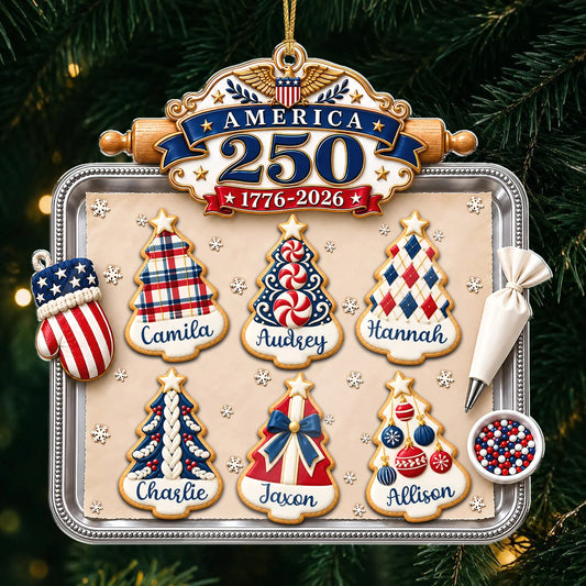 Personalisierter America 250 Weihnachtsbaum-Keksbackblech-Acrylanhänger – Individuelles Namensgeschenk für die Familie