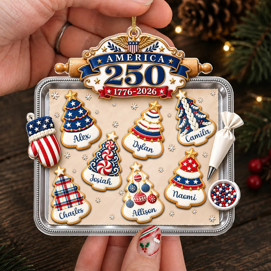 Personalisierter America 250 Weihnachtsbaum-Keksbackblech-Acrylanhänger – Individuelles Namensgeschenk für die Familie