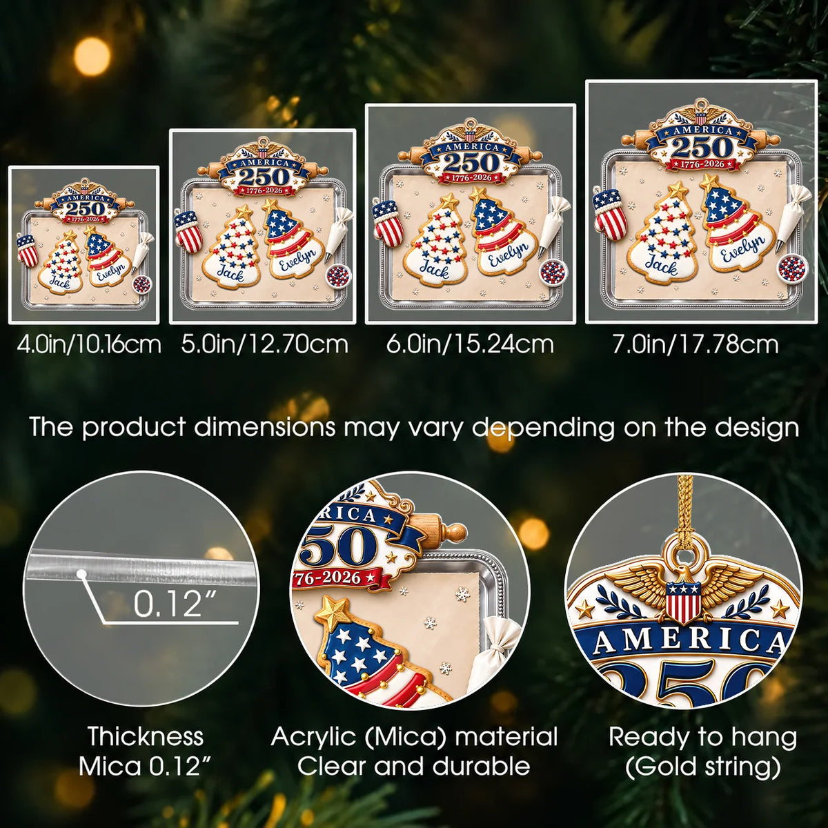Personalisierter America 250 Weihnachtsbaum-Keksbackblech-Acrylanhänger – Individuelles Namensgeschenk für die Familie
