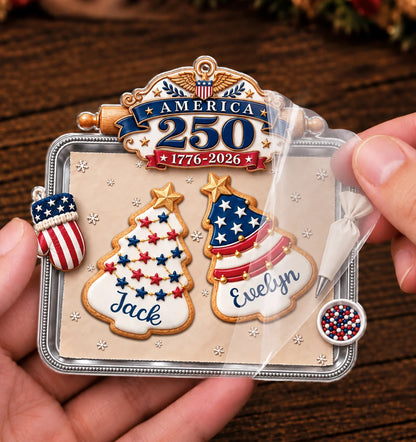 Personalisierter America 250 Weihnachtsbaum-Keksbackblech-Acrylanhänger – Individuelles Namensgeschenk für die Familie