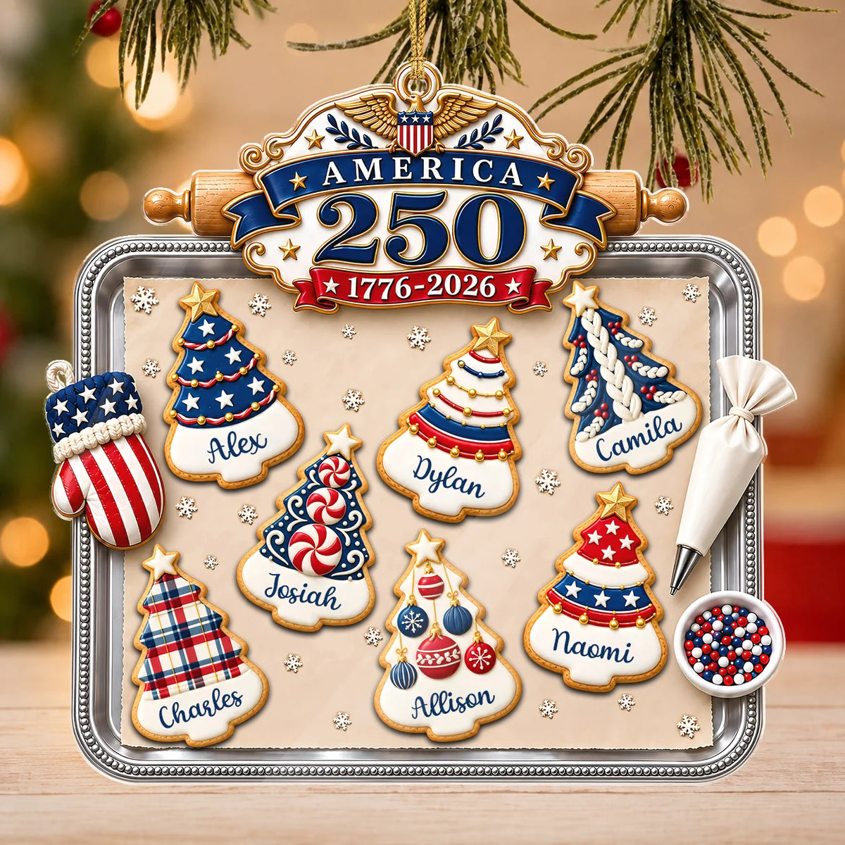 Personalisierter America 250 Weihnachtsbaum-Keksbackblech-Acrylanhänger – Individuelles Namensgeschenk für die Familie