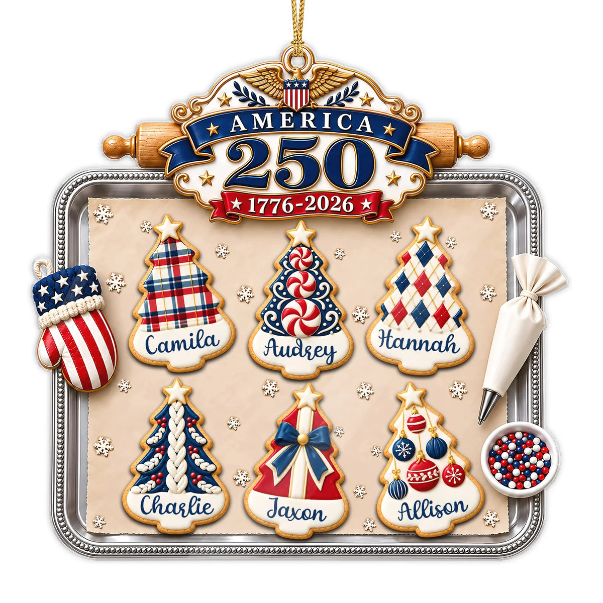 Personalisierter America 250 Weihnachtsbaum-Keksbackblech-Acrylanhänger – Individuelles Namensgeschenk für die Familie