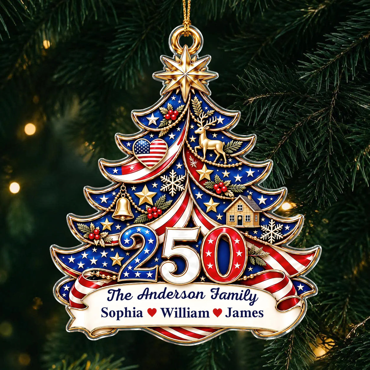 Personalisierter Amerika 250 patriotischer Weihnachtsbaum-Acryl-Anhänger – Familienname & Familienmitgliedernamen Geschenk für die Familie