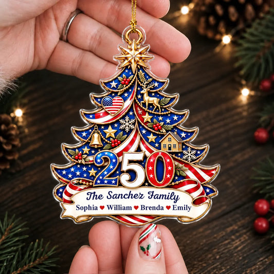 Personalisierter Amerika 250 patriotischer Weihnachtsbaum-Acryl-Anhänger – Familienname & Familienmitgliedernamen Geschenk für die Familie