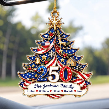 Personalisierter Amerika 250 patriotischer Weihnachtsbaum-Acryl-Anhänger – Familienname & Familienmitgliedernamen Geschenk für die Familie