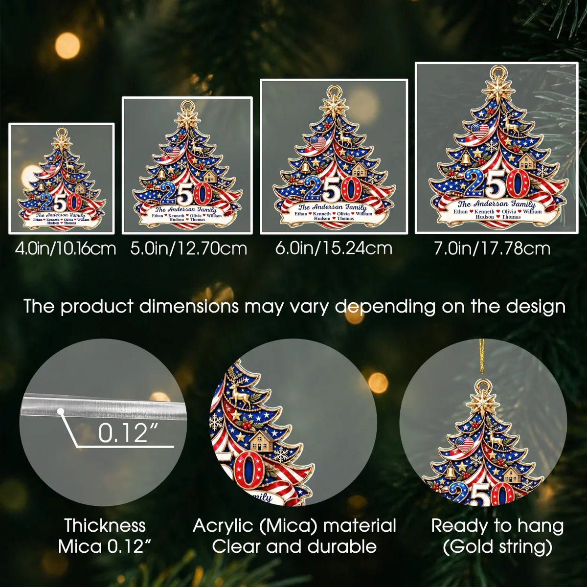 Personalisierter Amerika 250 patriotischer Weihnachtsbaum-Acryl-Anhänger – Familienname & Familienmitgliedernamen Geschenk für die Familie