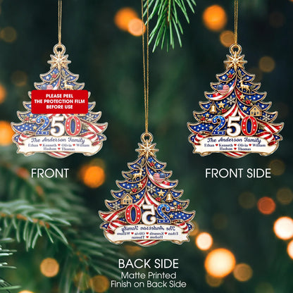Personalisierter Amerika 250 patriotischer Weihnachtsbaum-Acryl-Anhänger – Familienname & Familienmitgliedernamen Geschenk für die Familie