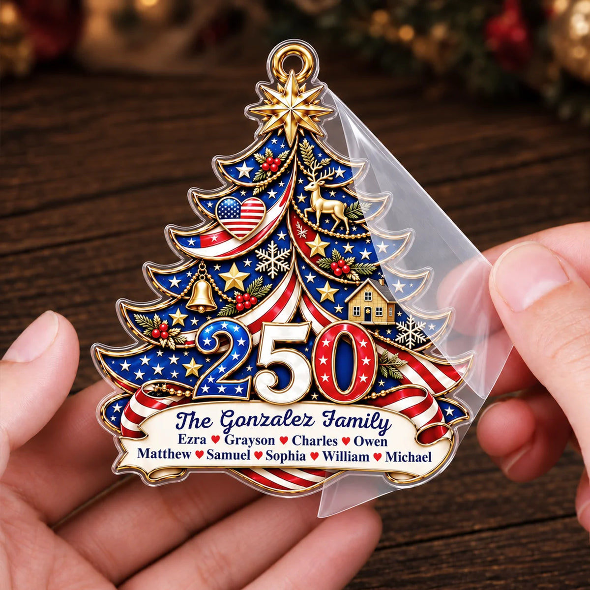 Personalisierter Amerika 250 patriotischer Weihnachtsbaum-Acryl-Anhänger – Familienname & Familienmitgliedernamen Geschenk für die Familie