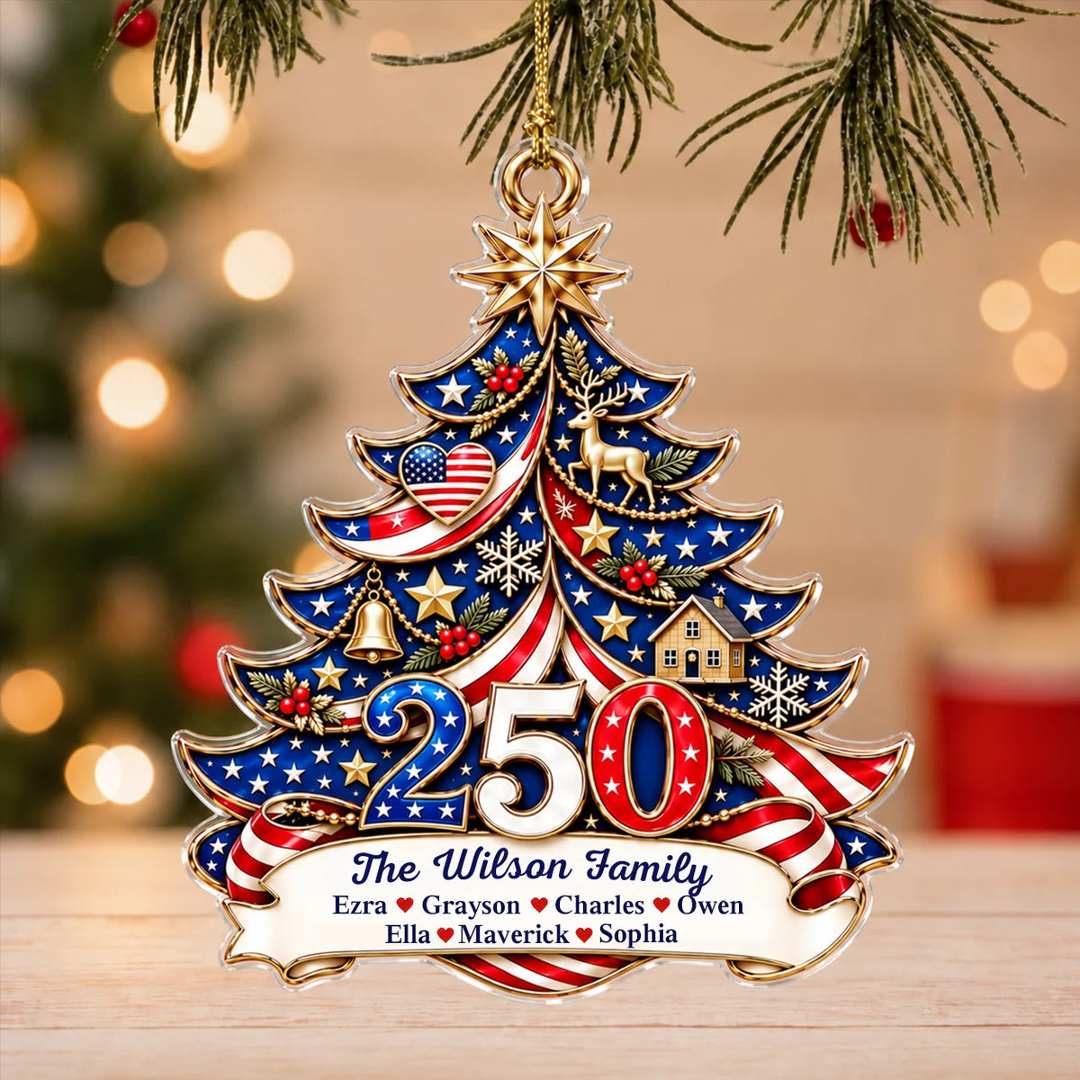 Personalisierter Amerika 250 patriotischer Weihnachtsbaum-Acryl-Anhänger – Familienname & Familienmitgliedernamen Geschenk für die Familie