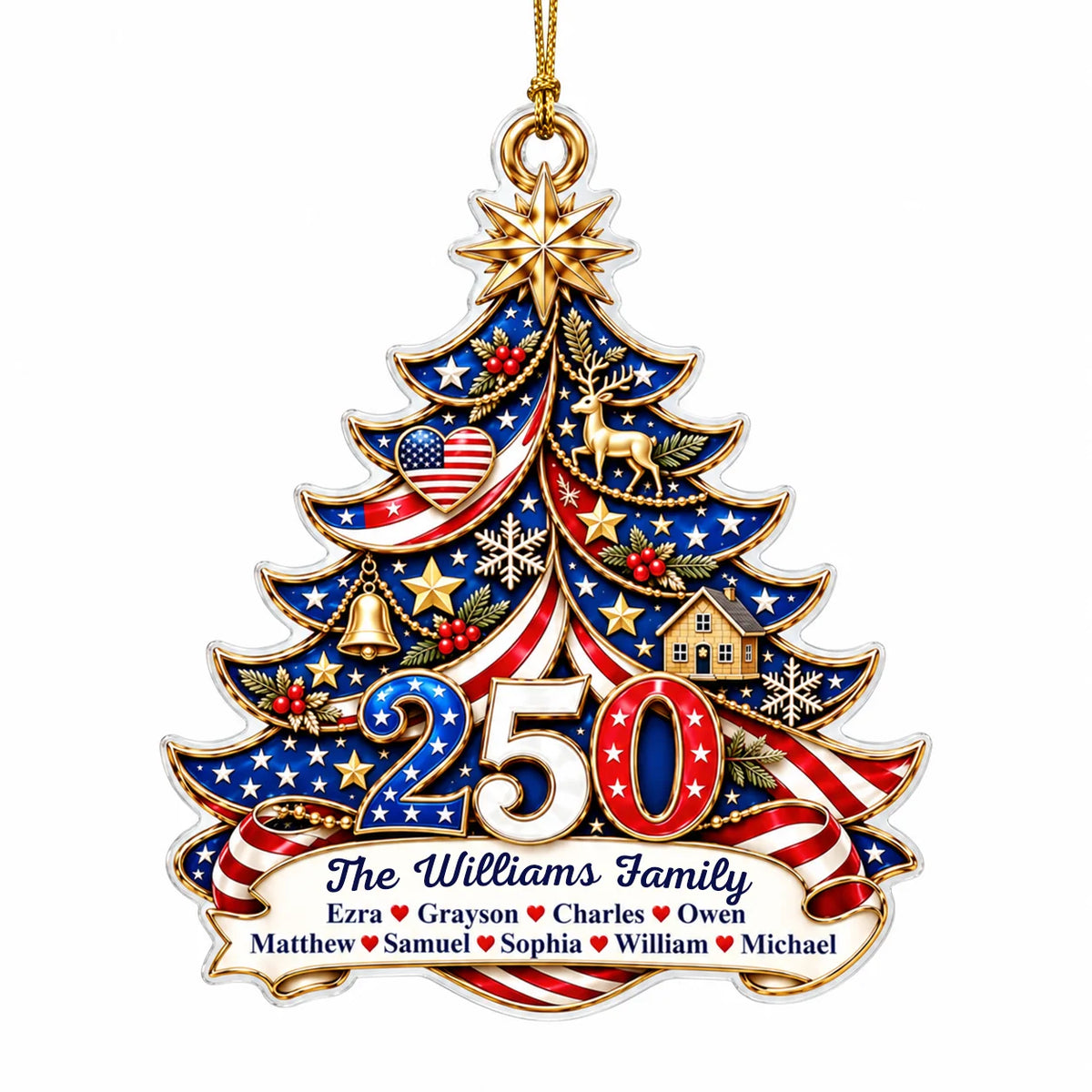 Personalisierter Amerika 250 patriotischer Weihnachtsbaum-Acryl-Anhänger – Familienname & Familienmitgliedernamen Geschenk für die Familie